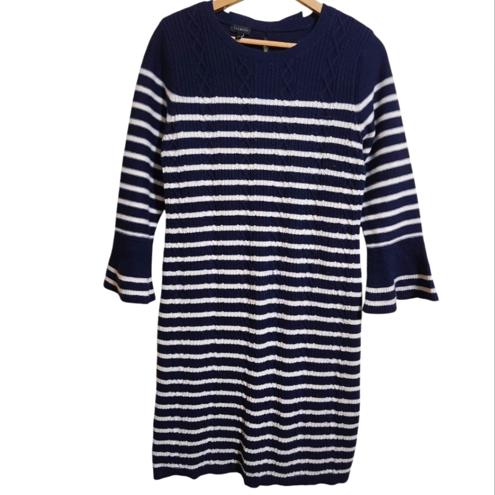 Talbots‎ sweater dress navy ivory striped nautical cable knit bell sleeve medium
